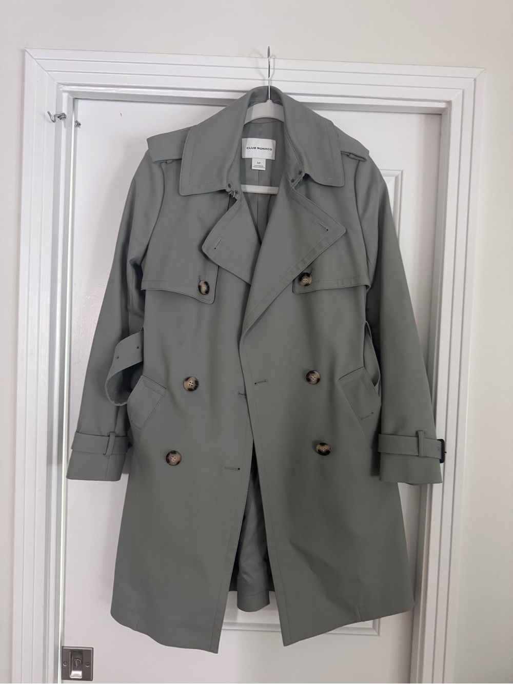 Club Monaco Double-Breasted Trench Coat in Sage Gray
